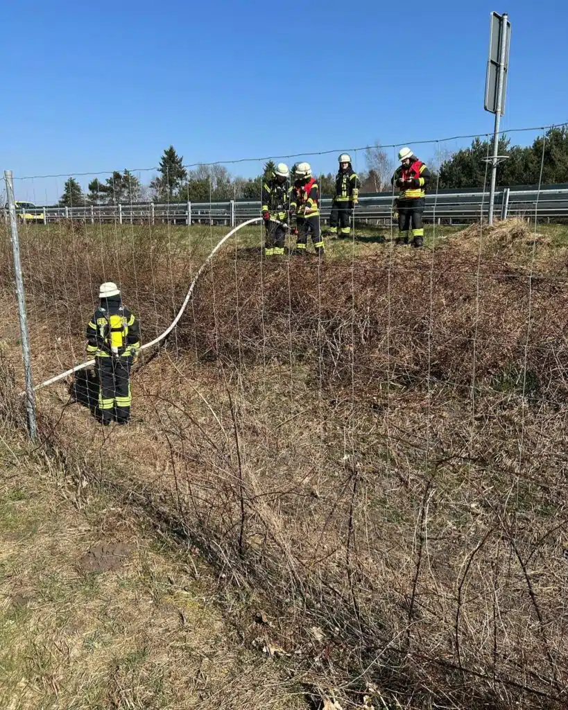 Feuerwehrleute mit Feuerwehrschlauch an einer Böschung